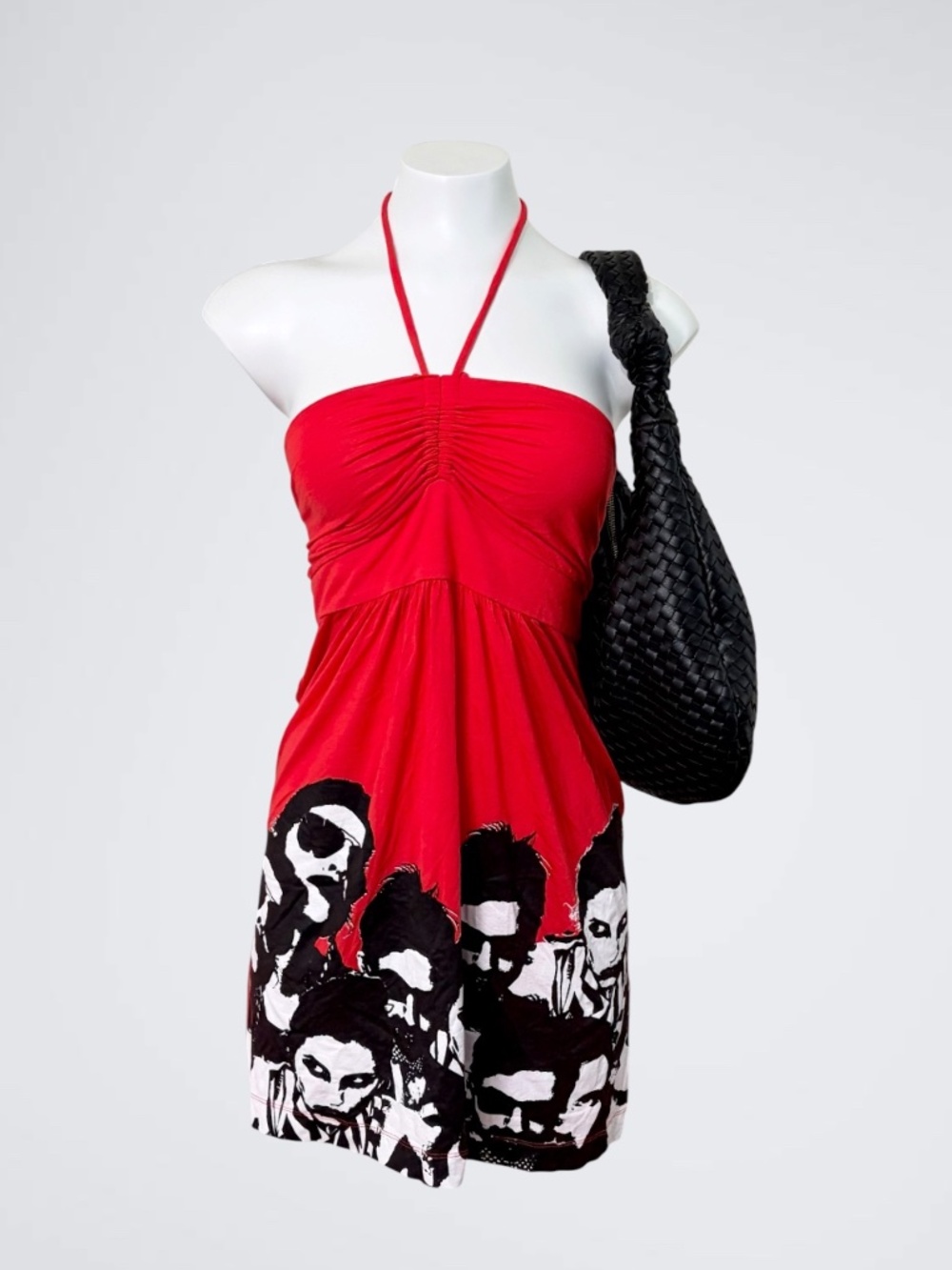Vintage Miss Sixty Y2K Red Graphic Face Pop Art Grunge Halter Dress
